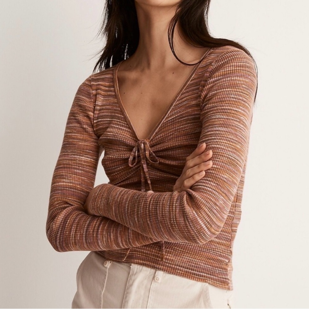 Madewell Space-Dyed V-Neck Cinched Brown Sweater Size Small